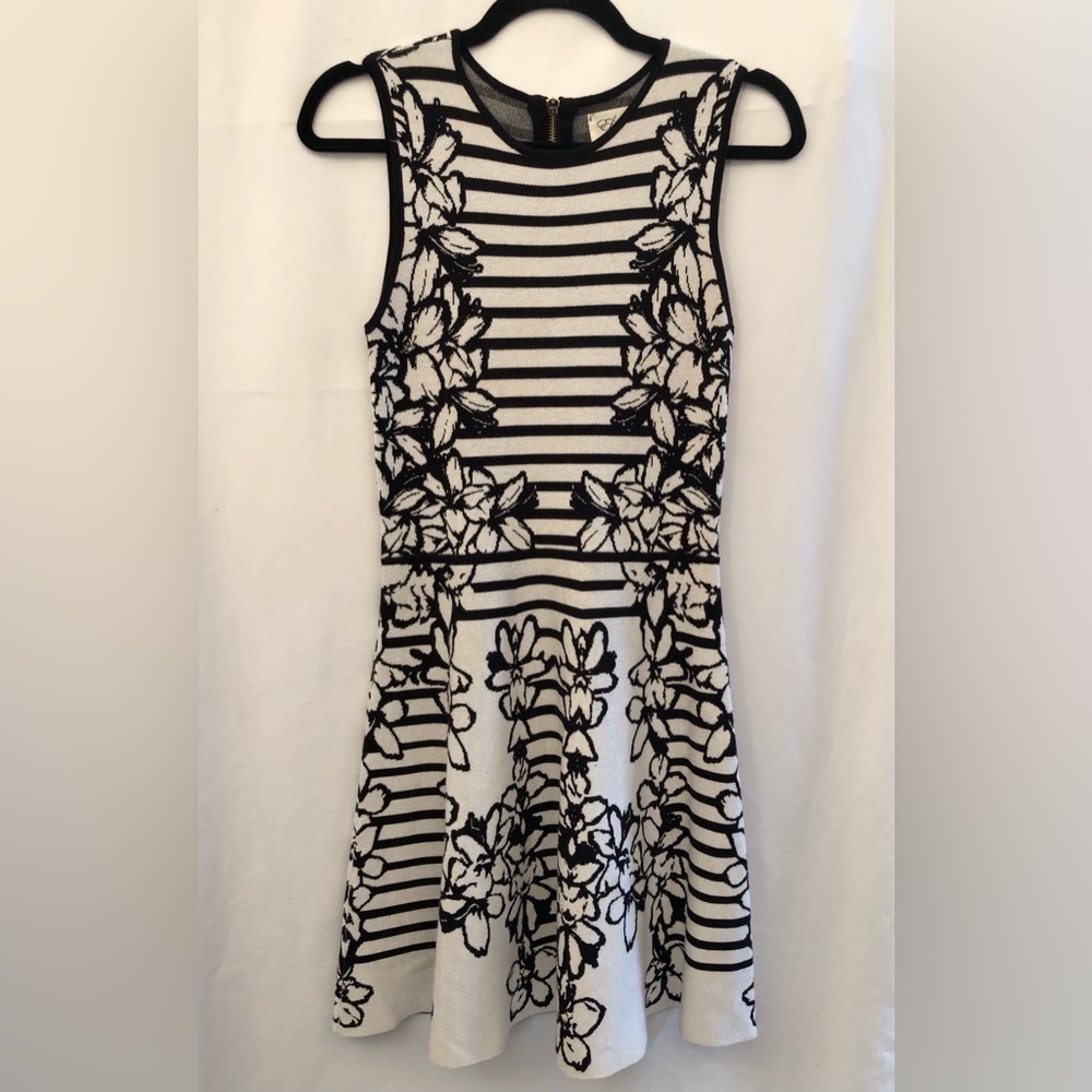 Eliza J Fit and Flare Dress Small White Black Striped Floral Sleeveless